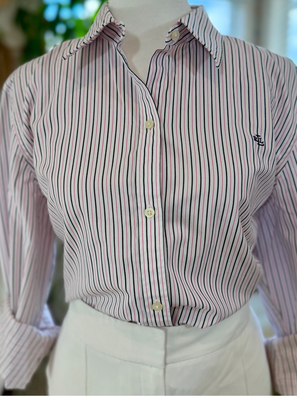 Lauren Ralph Lauren Shirt L Pink Black Pinstripe 100% Cotton Non Iron Preppy - Picture 3 of 10